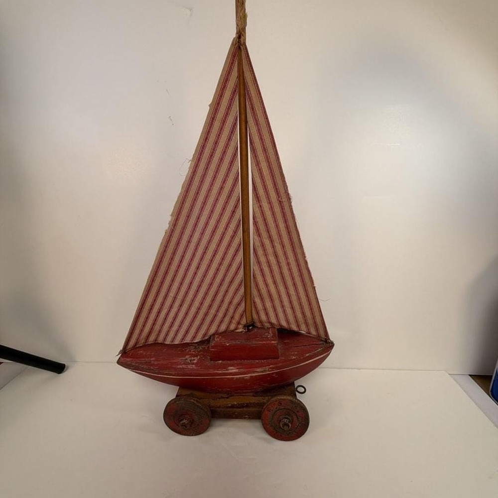 The Backtime Co. American Folk Art Handmade Wooden Sailboat Pond Boat Toy
